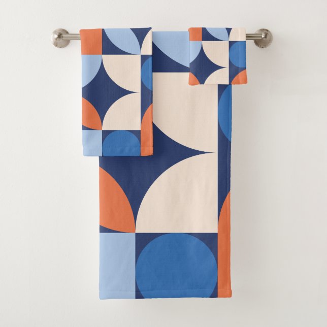 Abstract Geometric Pattern Orange Blue Bath Towel Set (Insitu)