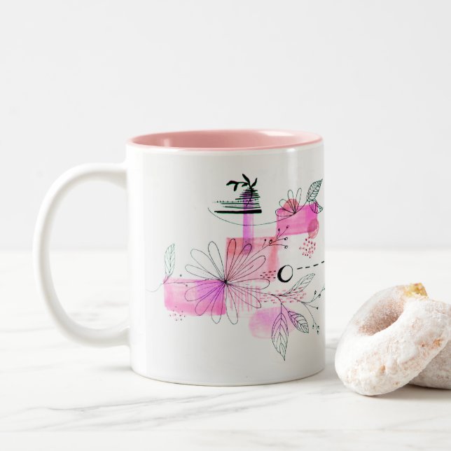 Abstract Geometric Pink Flowers Leaves Black Two-Tone Coffee Mug (With Donut)