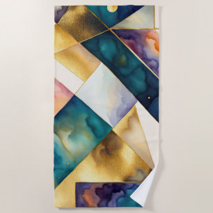 Abstract Geometric Purple Pink Blue Gold Beach Towel