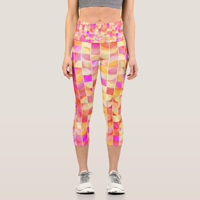 Abstract Geometric Red Pink Yellow Mosaic Pattern Capri Leggings (Front)
