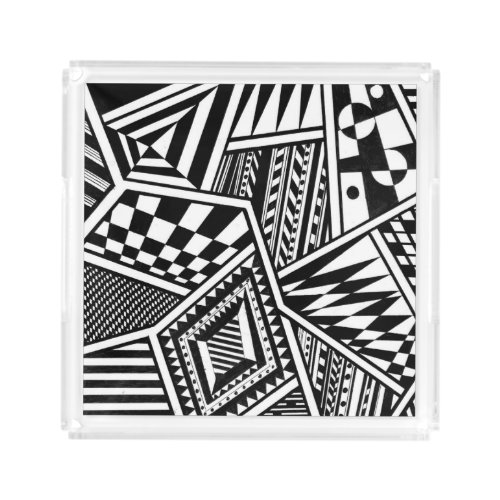 abstract geometric shapes black white pattern hand acrylic tray