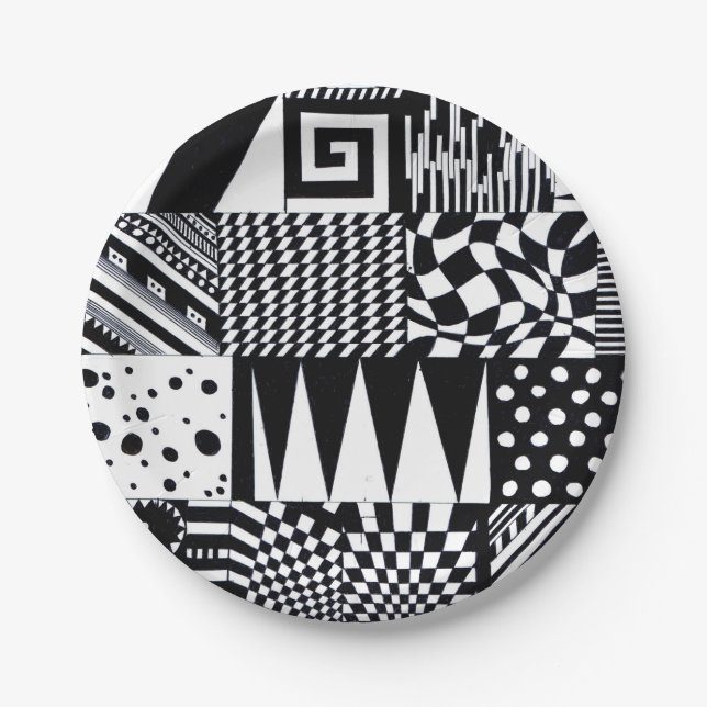 abstract geometric shapes black white pattern hand paper plates (Front)