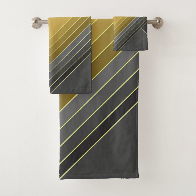 Abstract geometric shapes in ochre and greys bath towel set (Insitu)