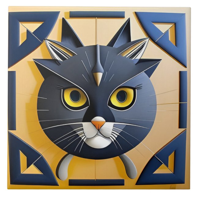 Abstract Geometric Stylized Cat Ceramic Tile (Front)