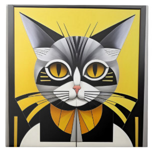 Abstract Geometric Stylized Cat Ceramic Tile