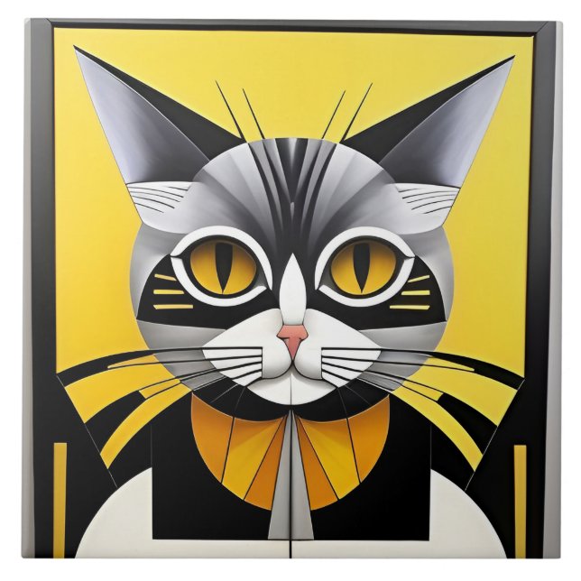 Abstract Geometric Stylized Cat Ceramic Tile (Front)