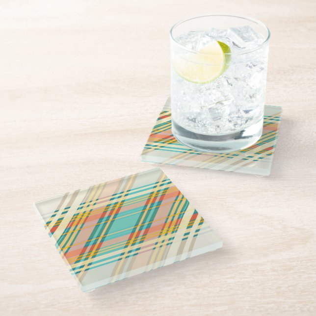 Abstract Geometric Tartan Pattern Cream Drinks Bar Glass Coaster (Angled)