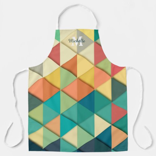 Abstract Geometric Triangle Pattern Apron - Retro abstract apron featuring geometric triangles, your initial, and personalized name.