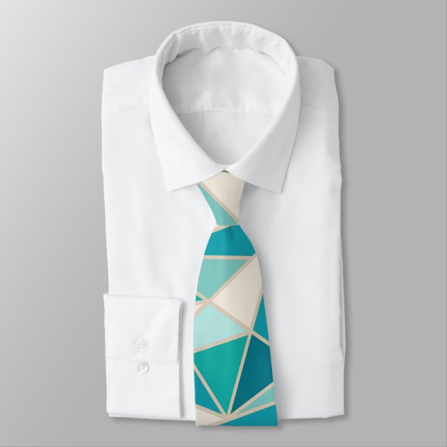 Abstract Geometric Triangles, Lagoon, Blue, Sand Neck Tie (Tied)