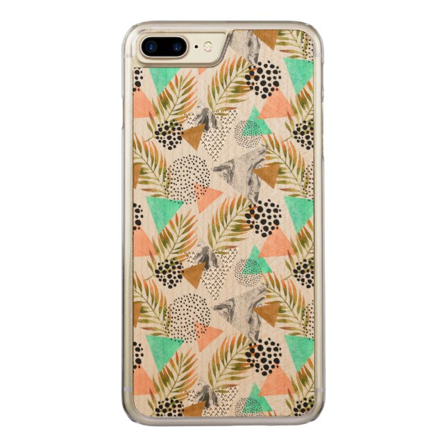 Abstract Geometric Tropical Leaf Pattern Carved Wood iPhone Case (Back)