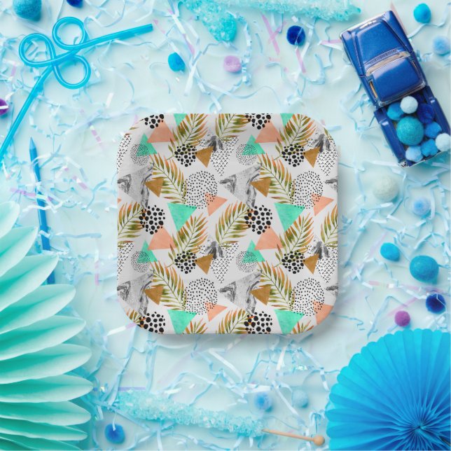 Abstract Geometric Tropical Leaf Pattern Paper Plates (Party)