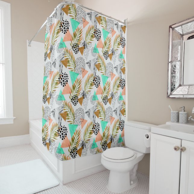 Abstract Geometric Tropical Leaf Pattern Shower Curtain (In Situ)