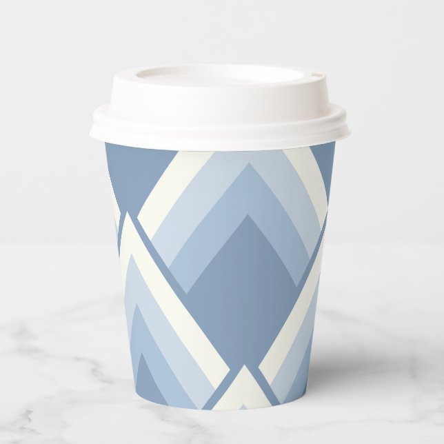 Abstract geometrical, blue and off white 2 paper cups (Front)