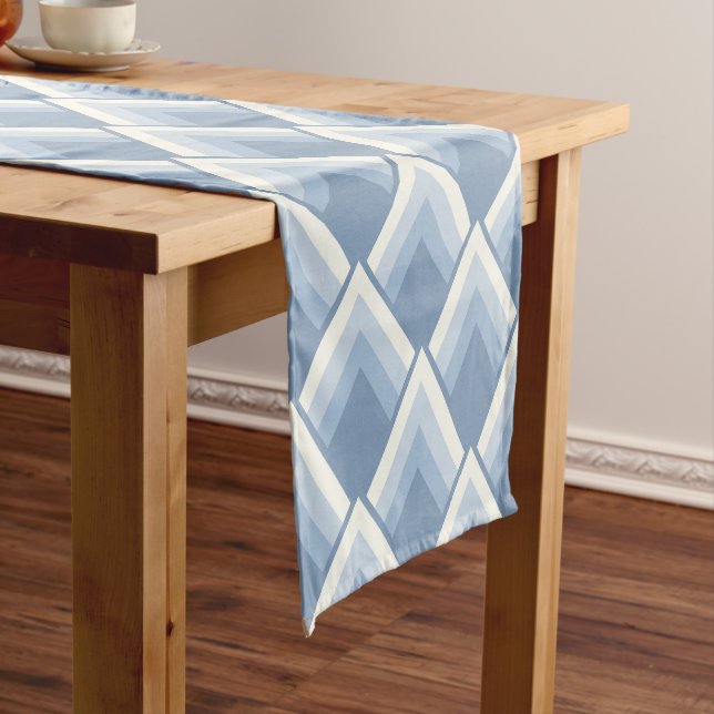 Abstract geometrical, blue and off white 2 short t short table runner (In Situ)