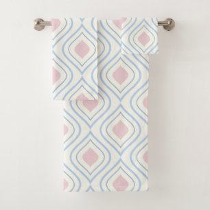Abstract geometrical, blue, pink and off white bath towel set
