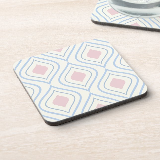 Abstract geometrical, blue, pink and off white beverage coaster (Left Side)