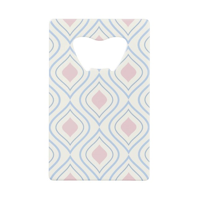 Abstract geometrical, blue, pink and off white credit card bottle opener (Front)
