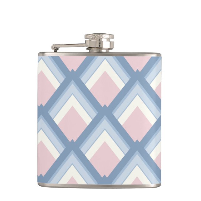 Abstract geometrical, blue, pink and off white flask (Front)