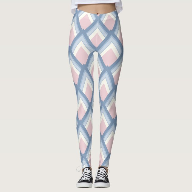 Abstract geometrical, blue, pink and off white leggings (Front)