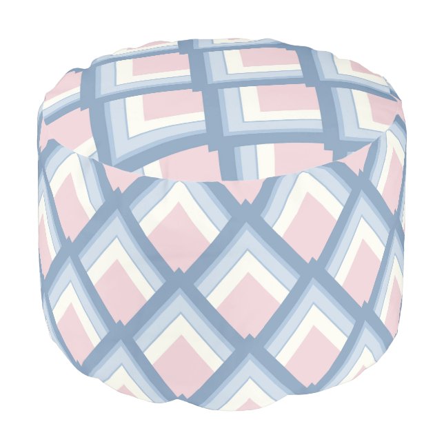 Abstract geometrical, blue, pink and off white pouf (Angled Front)