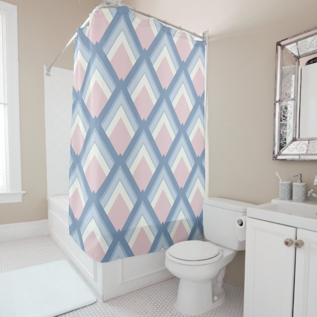 Abstract geometrical, blue, pink and off white shower curtain (In Situ)