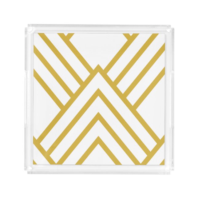 Abstract geometrical, white and gold acrylic tray (Front)