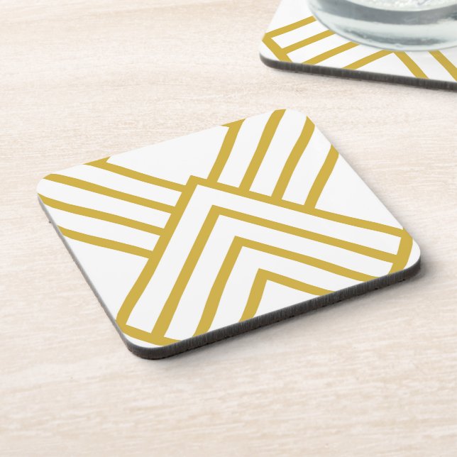 Abstract geometrical, white and gold beverage coaster (Left Side)