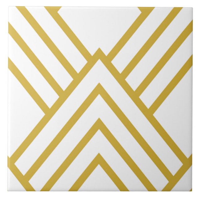 Abstract geometrical, white and gold ceramic tile (Front)