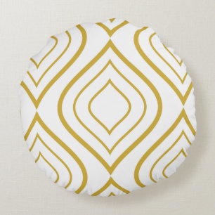 Abstract geometrical, white and gold round pillow