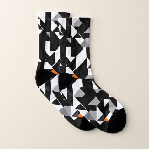 Abstract Geometrics Pattern _ BW _ Gray _ Orange Socks