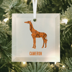 Abstract giraffe silhouette monogram glass ornament