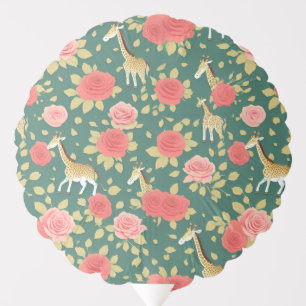 Abstract Giraffes And Red Roses On Forest Green Balloon
