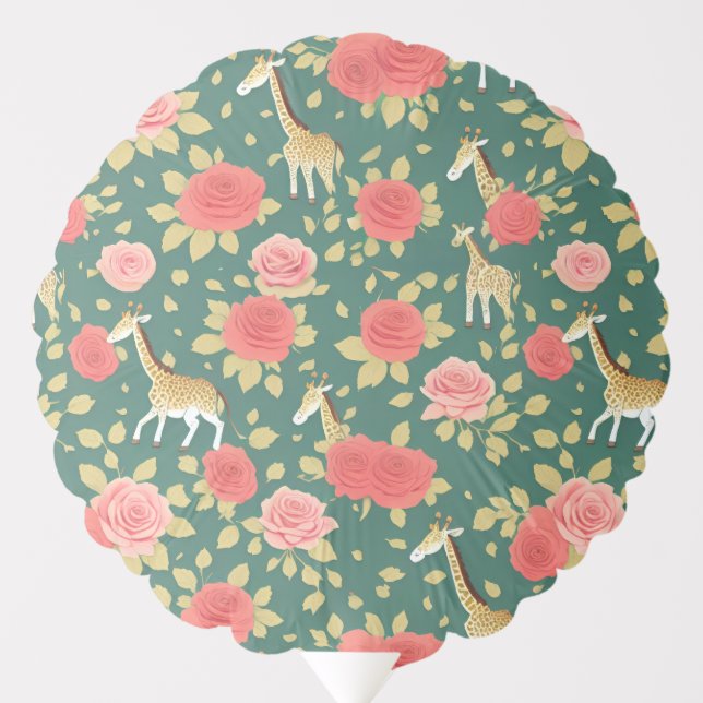 Abstract Giraffes And Red Roses On Forest Green Balloon (Front)