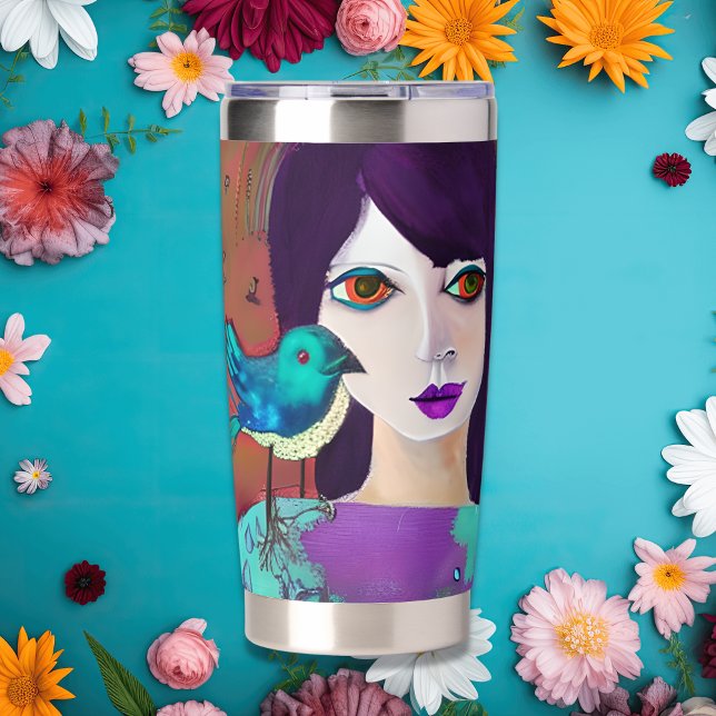 Abstract Girl and Bird Purple and Teal Insulated Tumbler (Creator Uploaded)