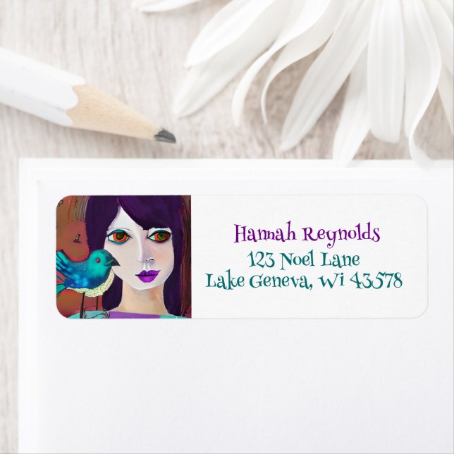 Abstract Girl and Bird Purple and Teal Label (Insitu)