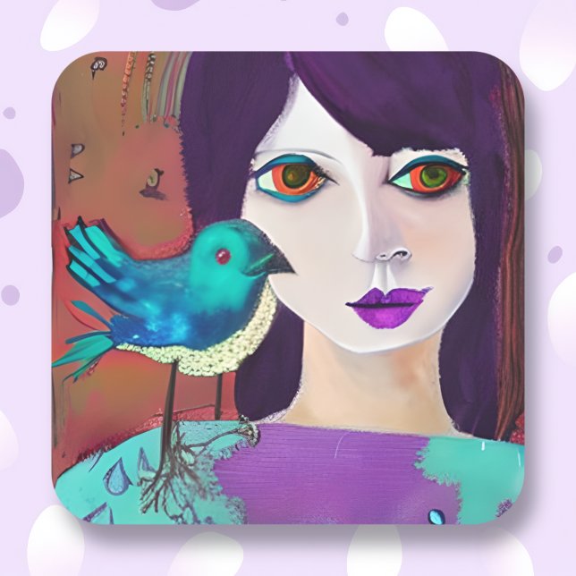 Abstract Girl and Bird Purple and Teal Square Sticker (Creator Uploaded)