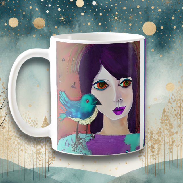 Abstract Girl & Bird Purple and Teal Personalized Coffee Mug (Creator Uploaded)