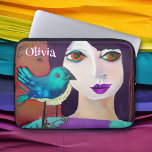 Abstract Girl & Bird Purple and Teal Personalized Laptop Sleeve<br><div class="desc">Add your name to this sweet personalized tablet case. Pretty whimsical illustration of a folk art girl with a bird on her shoulder. Pretty accents of teal and purple abstract ai art.</div>