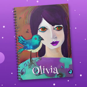 Abstract Girl & Bird Purple and Teal Personalized Notebook