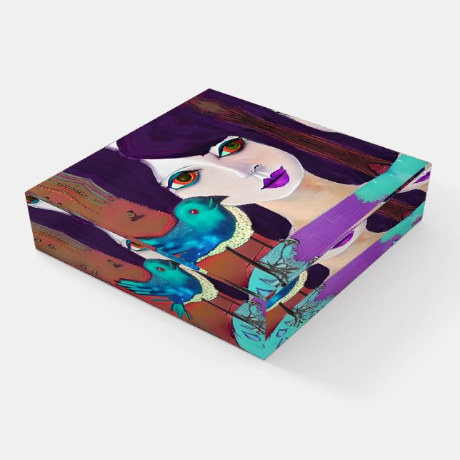Abstract Girl & Bird Purple and Teal Personalized Paperweight (Angled)