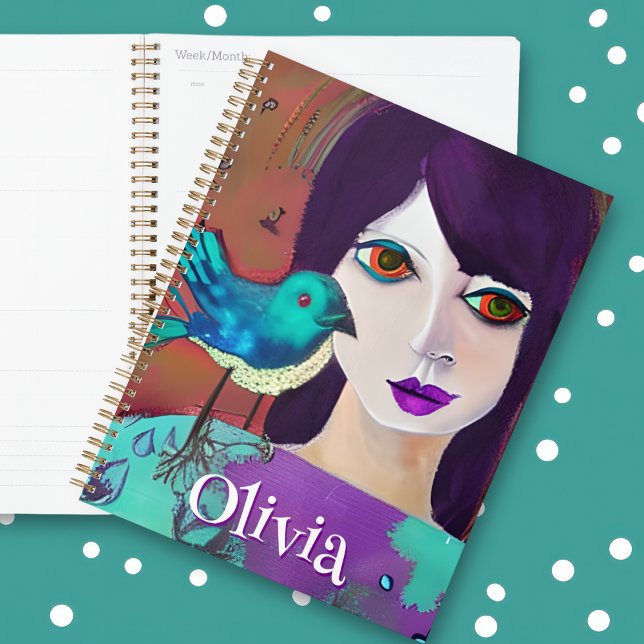 Abstract Girl & Bird Purple and Teal Personalized Planner (Creator Uploaded)