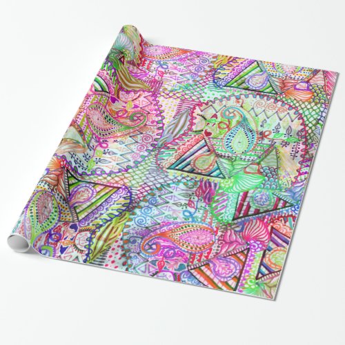 Abstract Girly Neon Rainbow Paisley Sketch Pattern Wrapping Paper