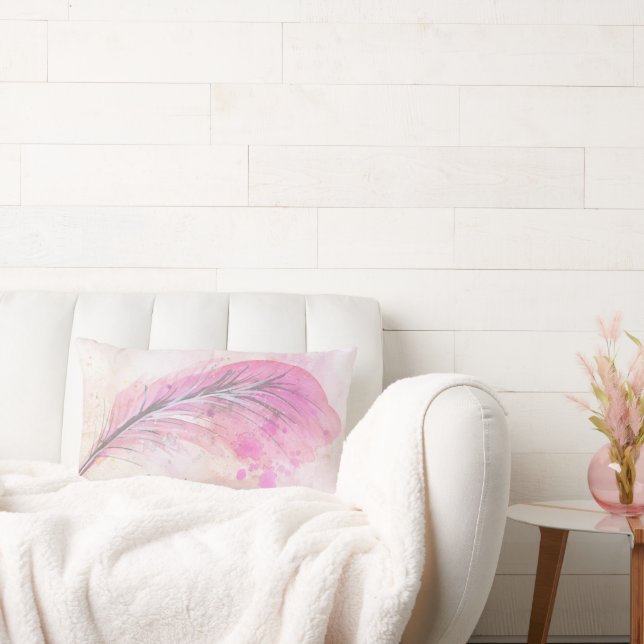 Abstract Girly Pink Watercolor Feather with Name Lumbar Pillow (Couch)