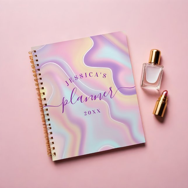 Abstract Girly Pink Yellow Iridescent Holographic Planner (Abstract Girly Purple Pink Iridescent Holographic Planner)