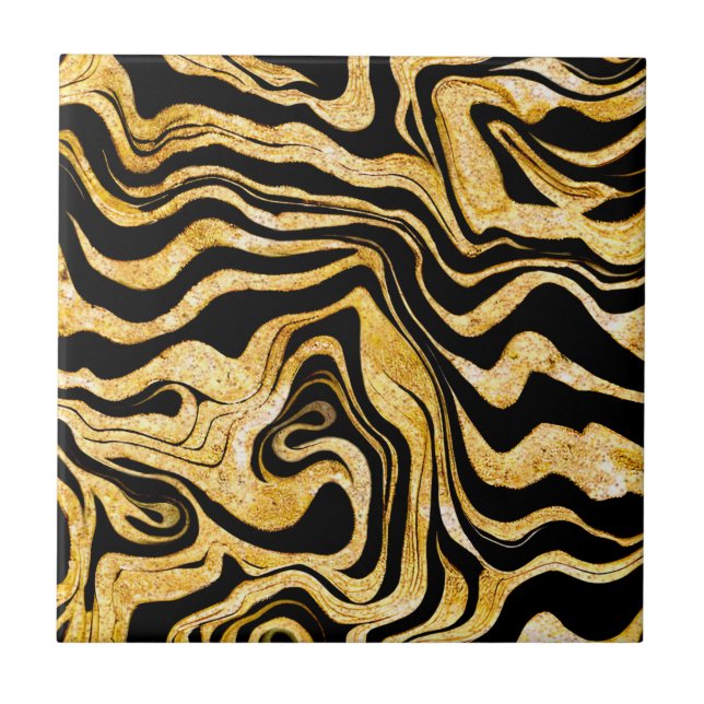 Abstract Glam Elegant Classy Black and Gold Marbly Ceramic Tile (Front)