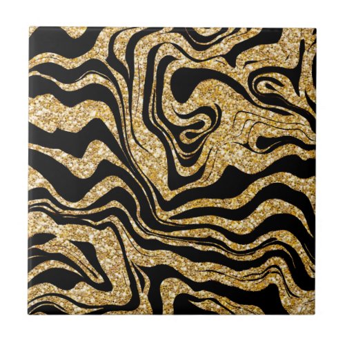 Abstract Glam Elegant Classy Black and Gold Marbly Ceramic Tile