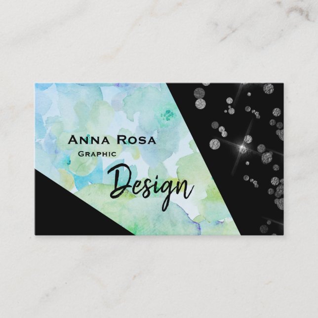 *~* Abstract Glitter Modern Geometric Black Floral Business Card (Front)