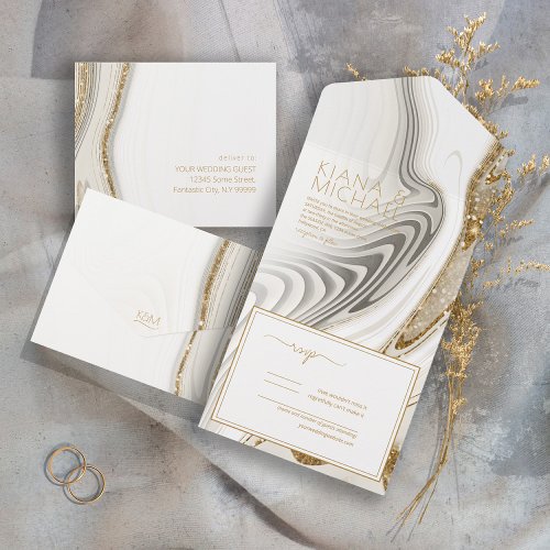 Abstract Glitter Strata Wedding Ivory ID903 All In One Invitation