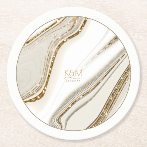 Abstract Glitter Strata Wedding Ivory ID903 Round Paper Coaster