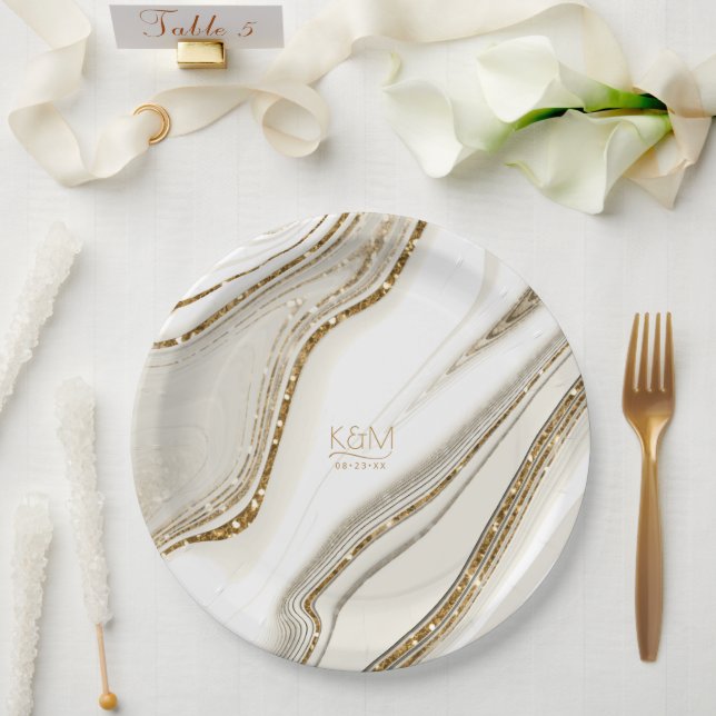 Abstract Glitter Strata Wedding Ivory Stone ID903 Paper Plates (Wedding)